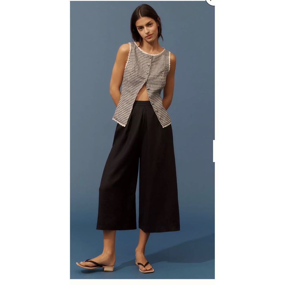 Anthropologie Linen Pleated Culotte Trousers XS Black Wide Leg Cropped Pants NEW - Picture 3 of 13